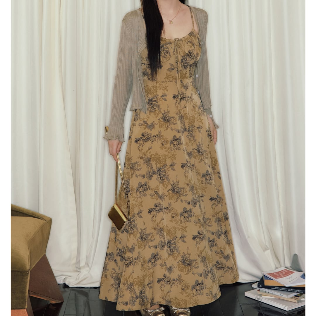 花柄プリント×Aラインシルエット キャミソールワンピース&ニット リブカーディガン セット 00570