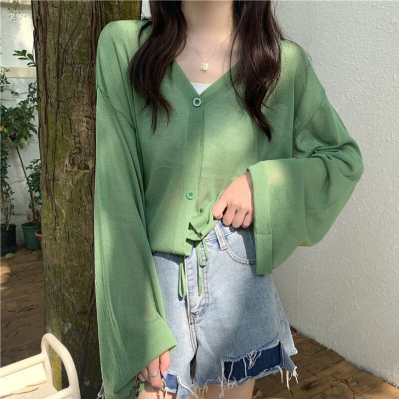 サマースタイルVネックルーズ薄手カーディガンジャケット ロング 夏物 ハンチェンe68742714971