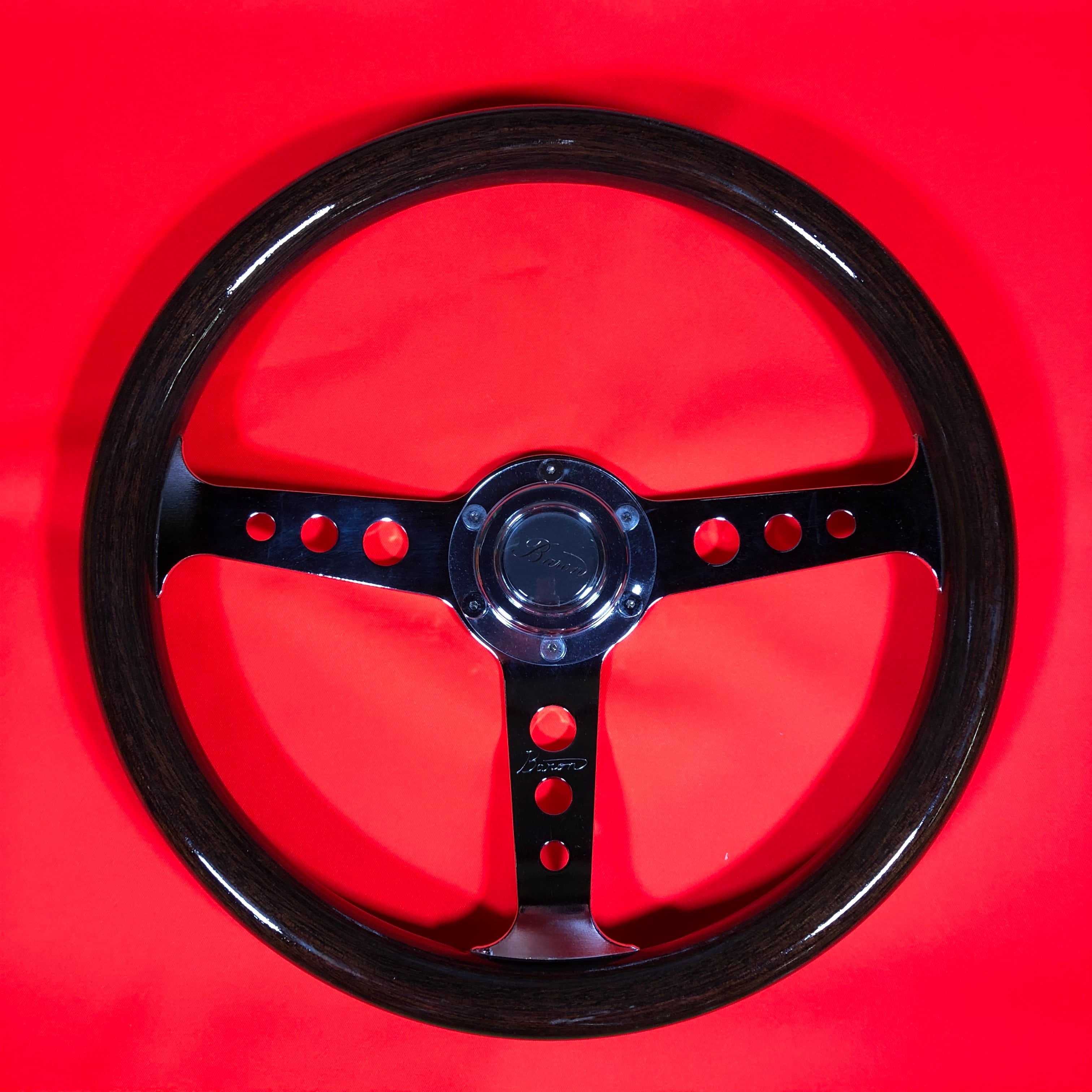 当時物”ウッドステアリング350mmΦ ポリッシュスポーク/丸穴“Baron