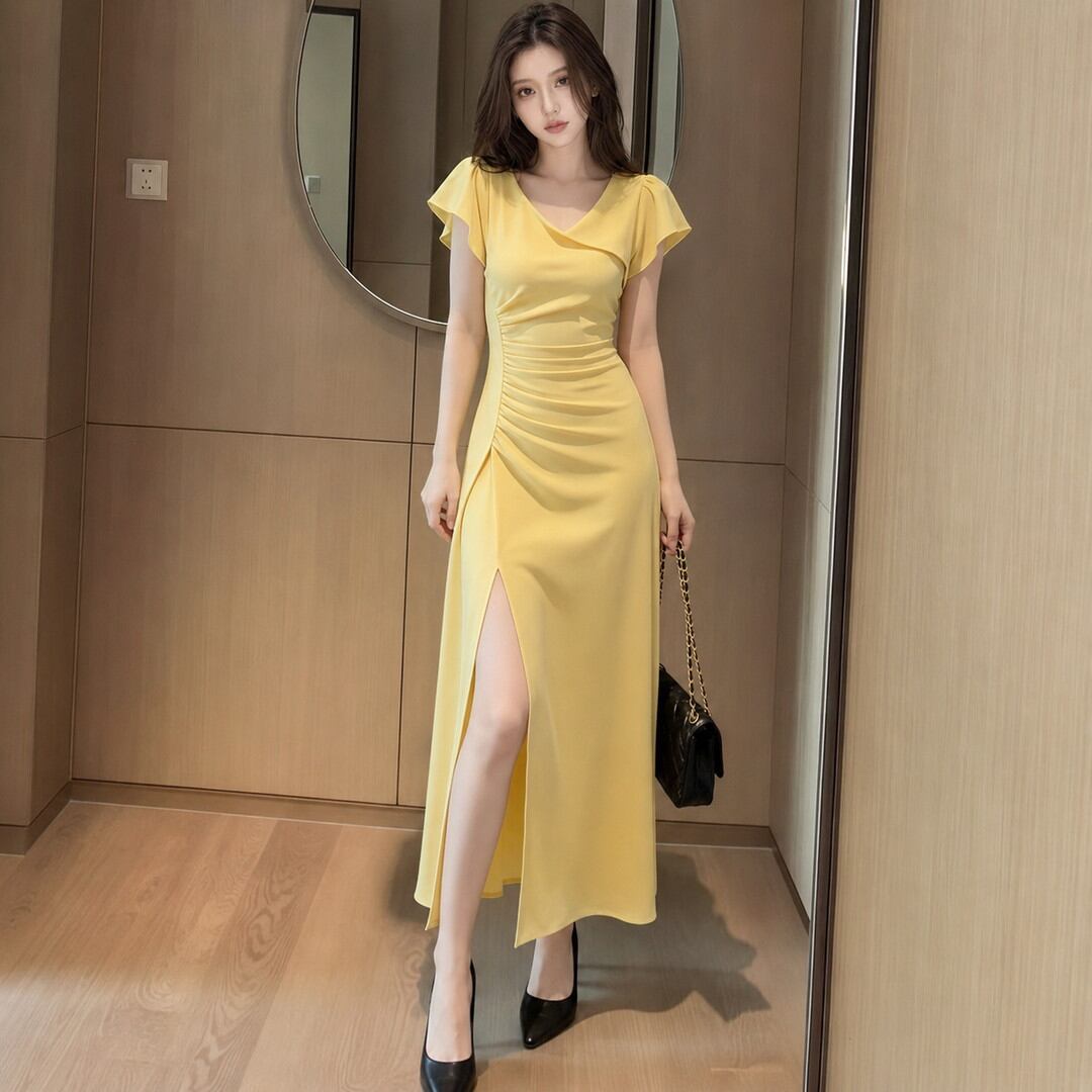 Draped Side Slit Long Dress V3374