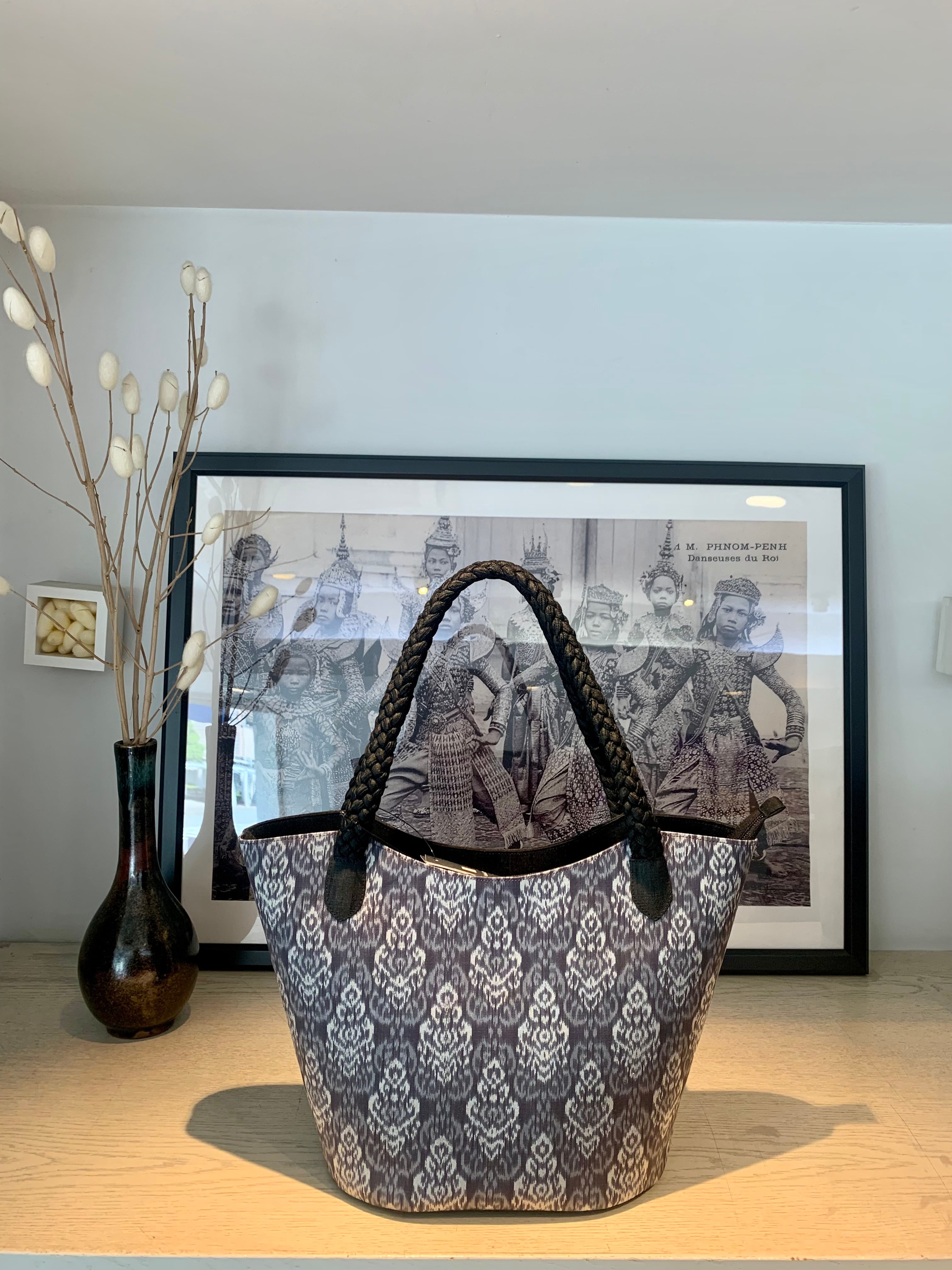 絣バッグ シルクバッグ 軽いバッグ ソウタカンボジアシルク カンボジアシルク シルク バッグ 着物バッグ ブラック