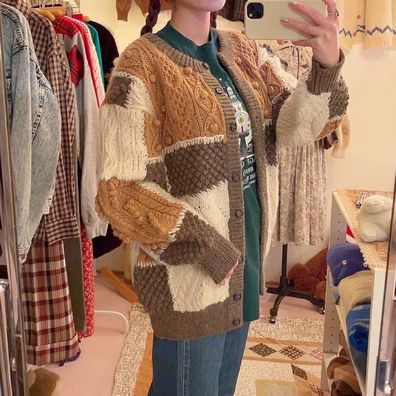 patchwork ponpon knit cardigan