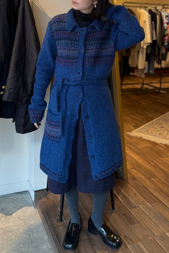 ウールネイビーハンドメイドニットコート