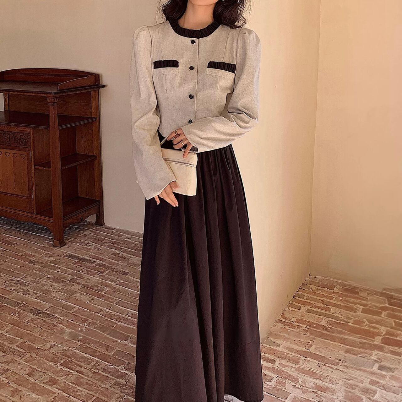 クラシックコントラストロングワンピース W00415