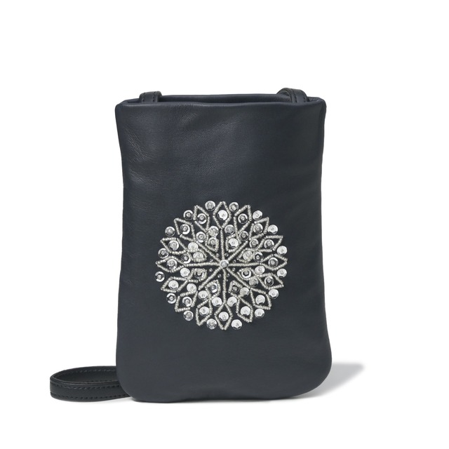 ブラック レザー スマホ ショルダーバッグ Mサイズ（スパンコール刺しゅう）モロッコ ポーチ