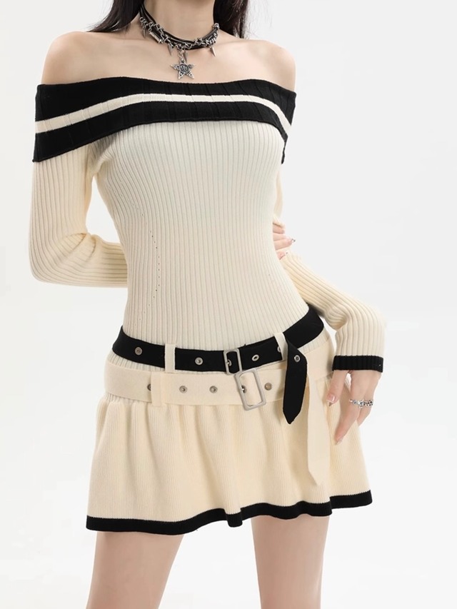 offshoulder bi-color wbelt mini dress
