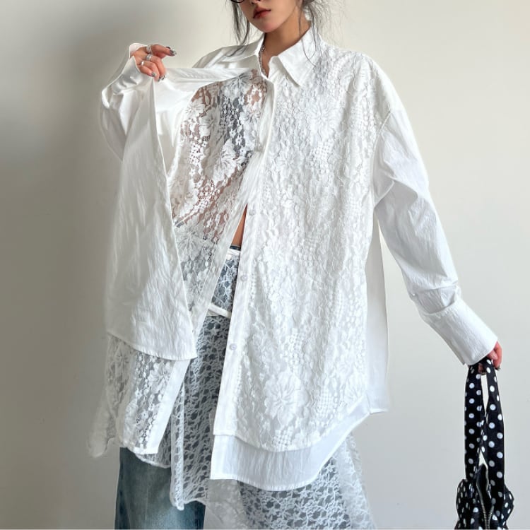 レース切替ビッグシルエットシャツ|アシンメトリー×レイヤード風デザイン R01442