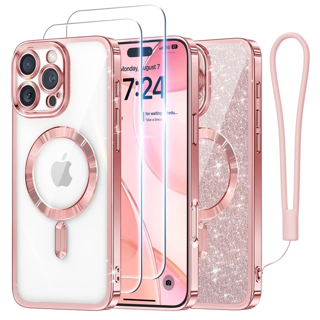 Meifigno ケース iPhone 16 Pro 6.3インチ用 [MagSafe対応] [スクリーンプロテクター2枚] [グリッターカード&リストストラップ] サラウンドレンズ保護 iPhone 16 Pro ケース用 ローズゴールド