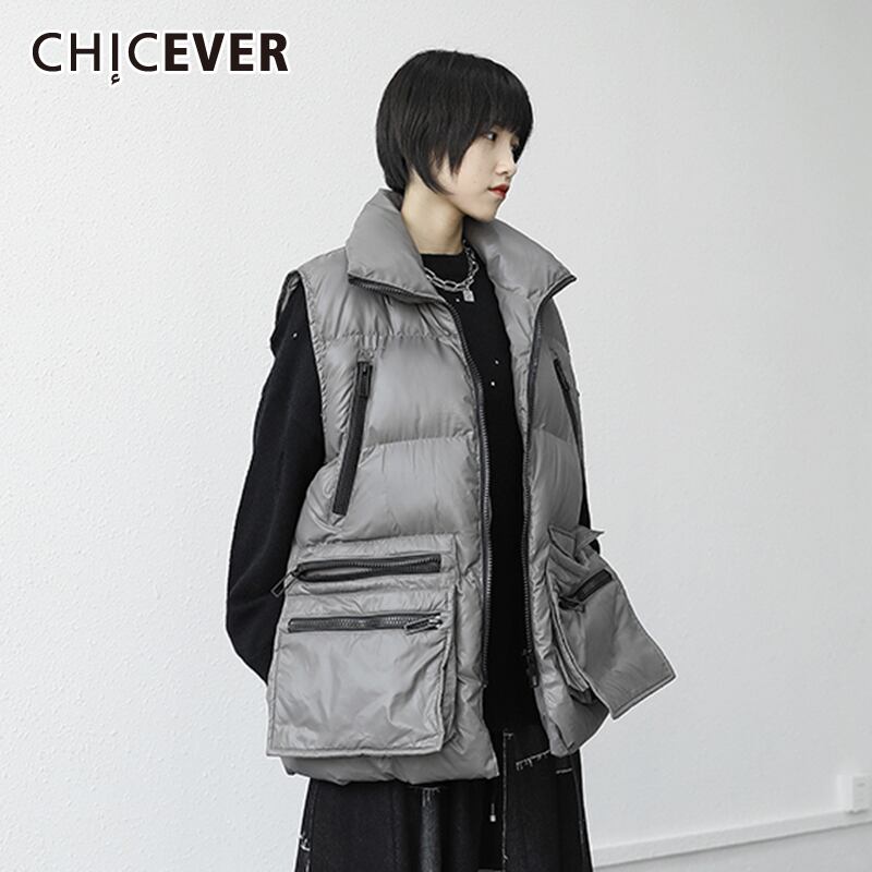 CHICEVERグレーのコットンベスト女性スタンドカラーノースリーブパッチワークポケットジッパー特大の厚いベスト2020 6base568346869004