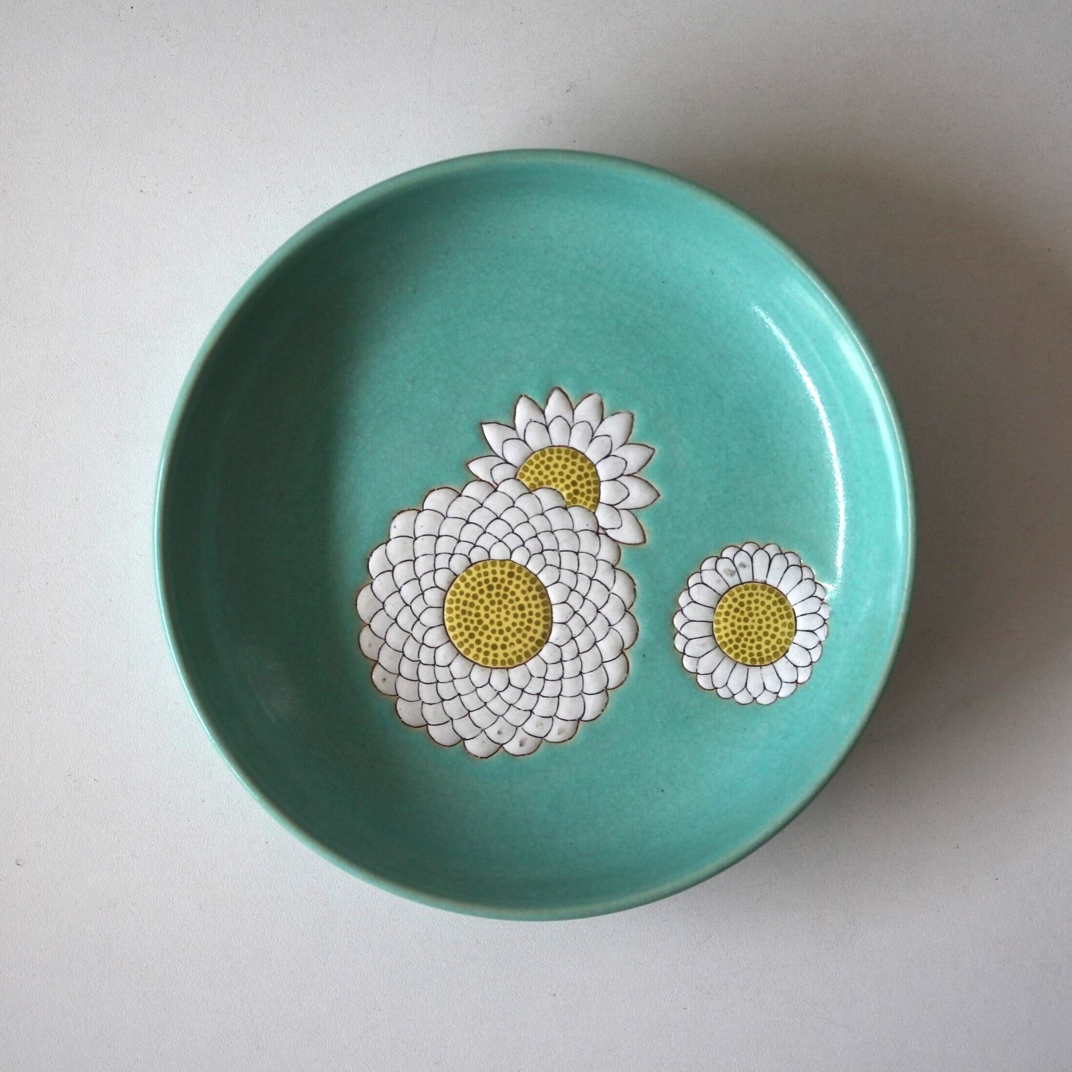 萬古焼色絵菊文皿（一対）d16.7cm Banko Enameled Dish