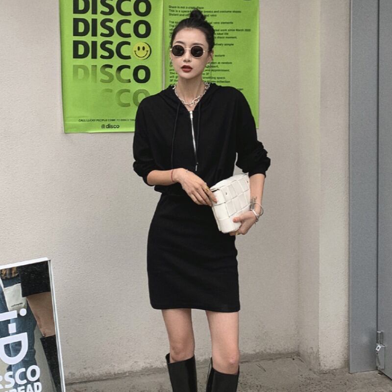 オータムスタイルフードグレーセーター ドレス ウェストギャザーレディース ロング 秋物 ハンチェンe76145020640