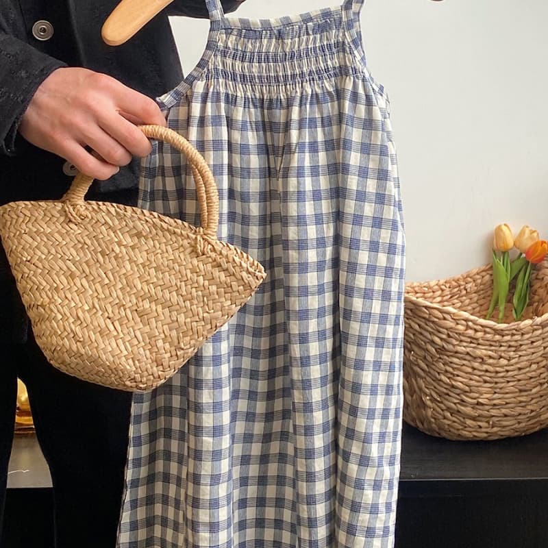 【2025夏新作】女の子用フォレスト系チェック柄サンドレス(ロング丈)