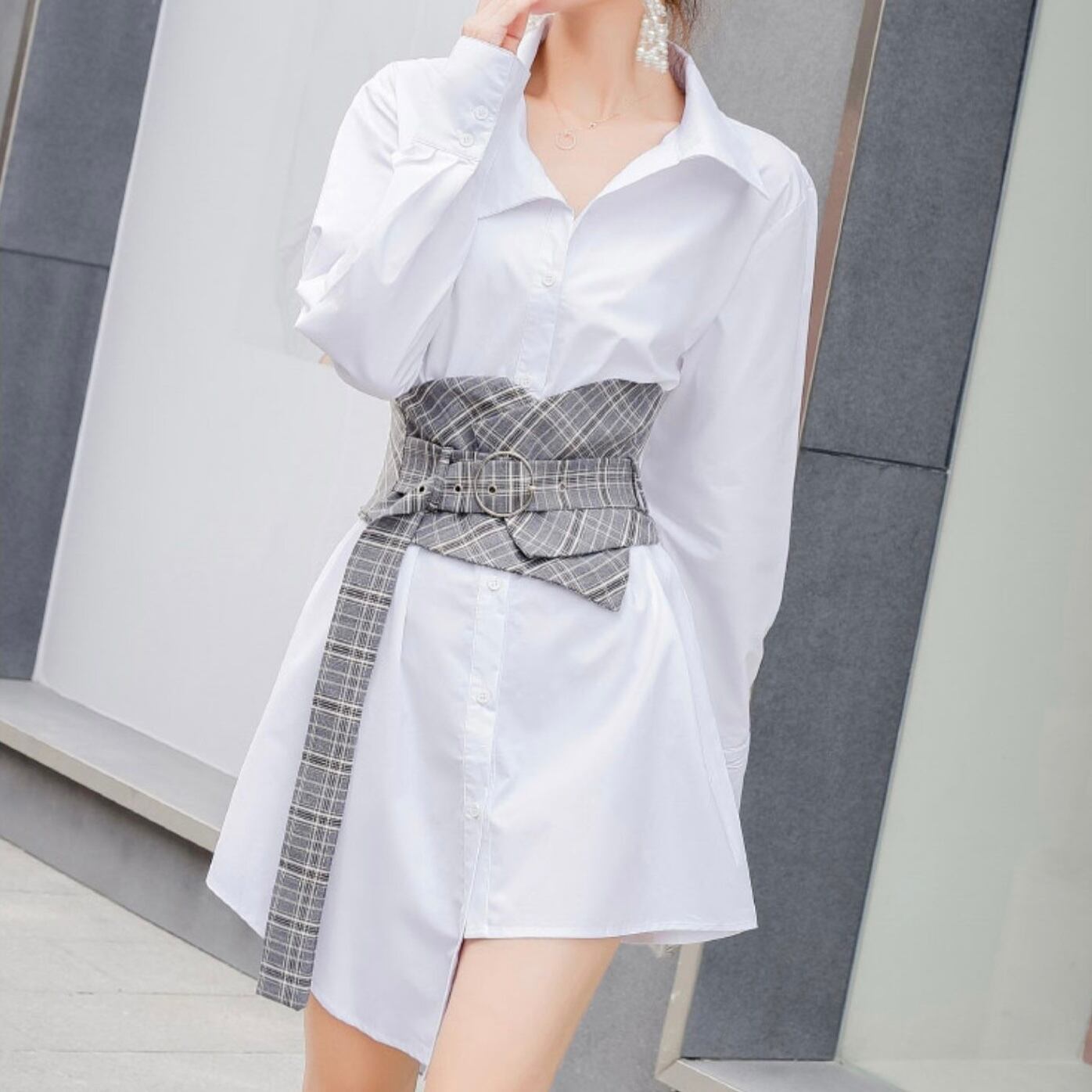 S~L,1color】ウエストベルト シャツ ワンピース ホワイト a114 S~L,1color】ウエストベルト シャツ ワンピース ホワイト a114