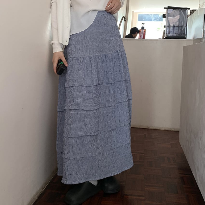 tiered check long skirt　J00475