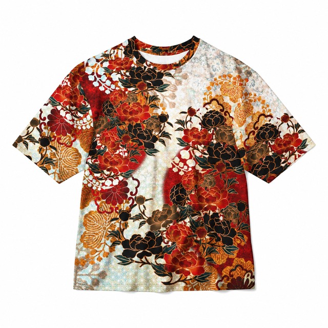 和紋様装飾　牡丹紅白　和柄ユニセックス 180G Performance Tシャツ