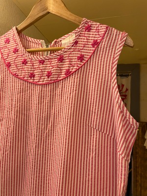 pink stripe flower embroidery dress