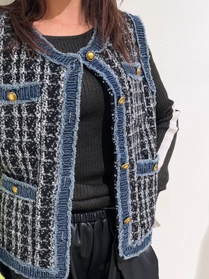 ポリーヌブロー   ツイードニットデニムドッキングベスト