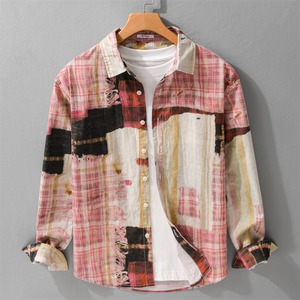 【M-3XL】Plaided Patchwork Print Long Sleeve Shirt / チェック パッチワーク 長袖 プリント シャツ