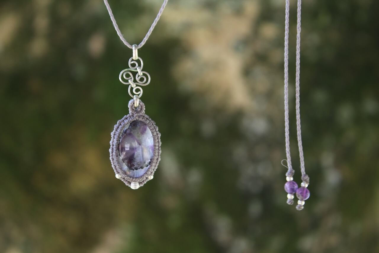 Trapiche amethyst silver925 wirework micro macrame pendant