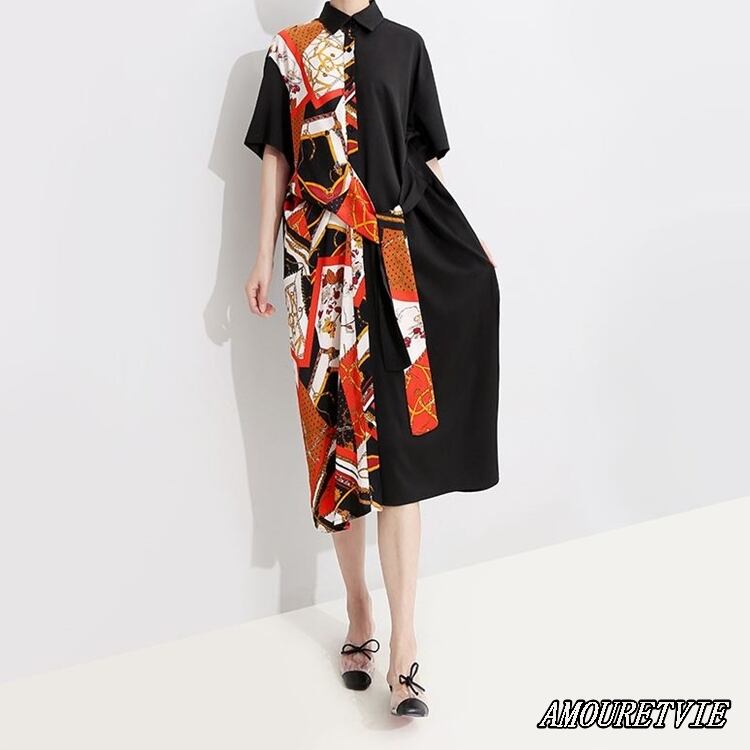 ワンピース アシンメトリー シャツワンピース 花柄 和柄 黒 ブラック モノトーン シック モード系 ヴィジュアル系 570 Amouretvie 韓国系 モード系 個性的ファッションの通販サイト