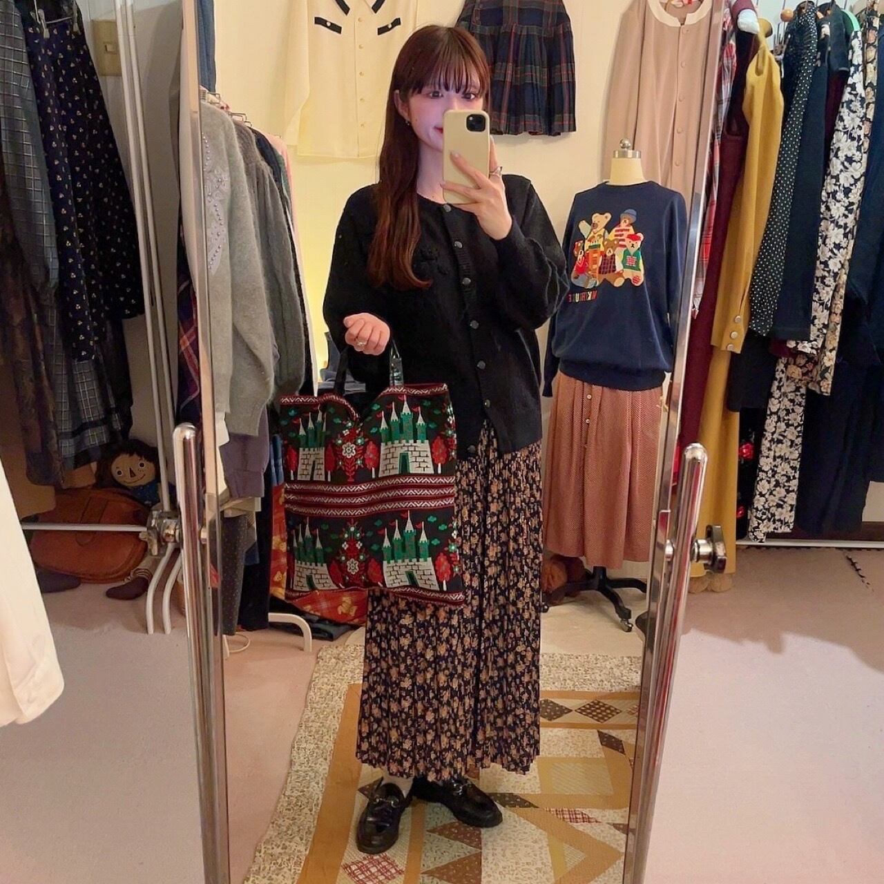 black flower motif knit cardigan