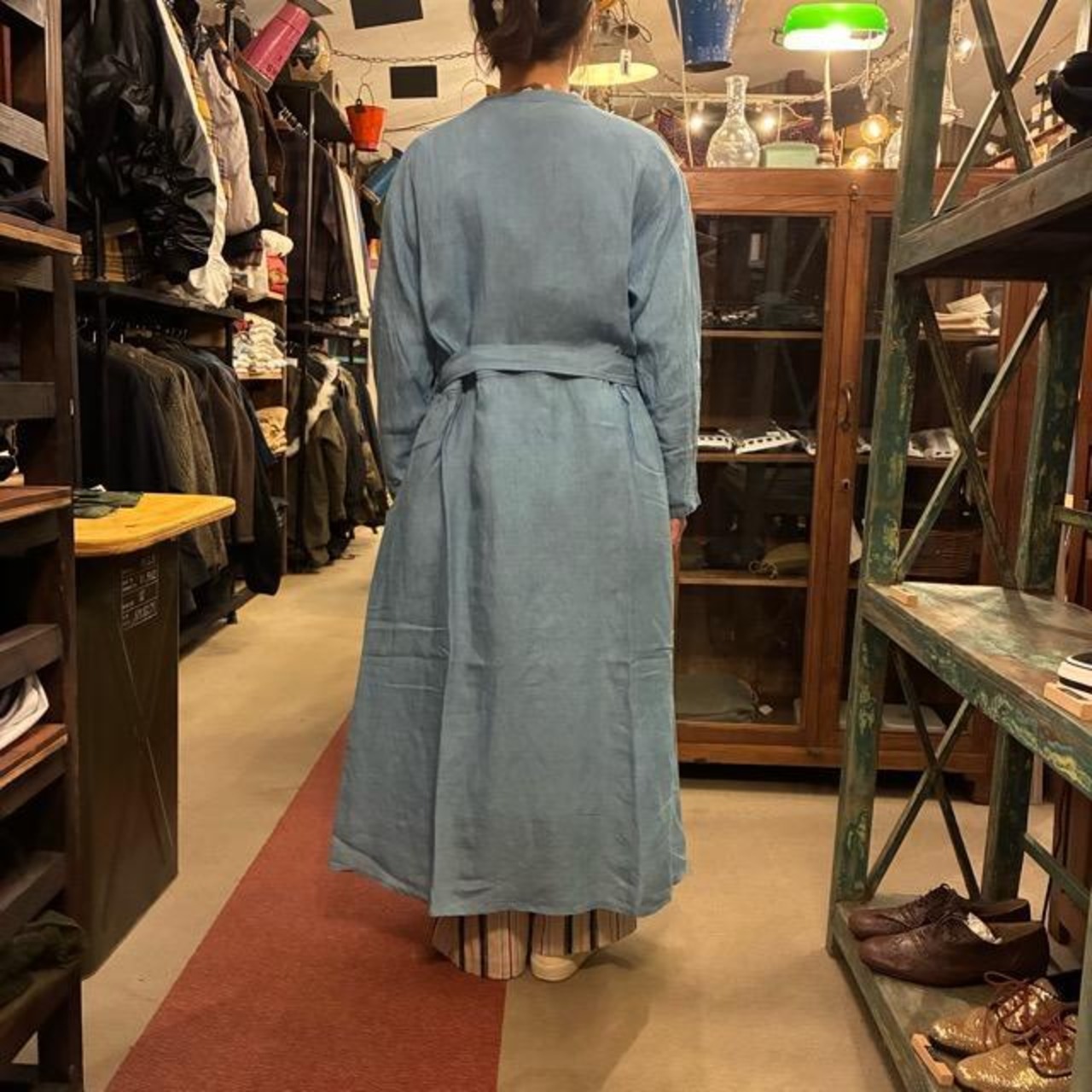 ICHI Antiquites Indigo Linen Cache-Coeur Dress, Blue, Women's, Fashion, Linen　