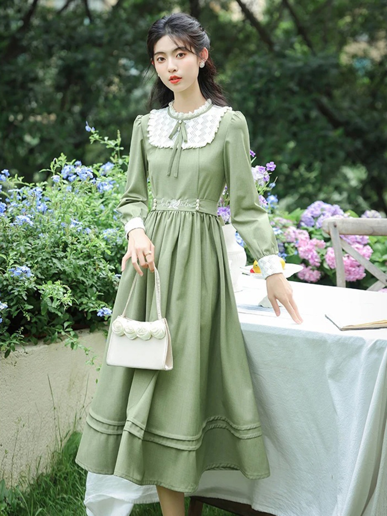 【0168】West Point Green Cotton Long Sleeve Dress