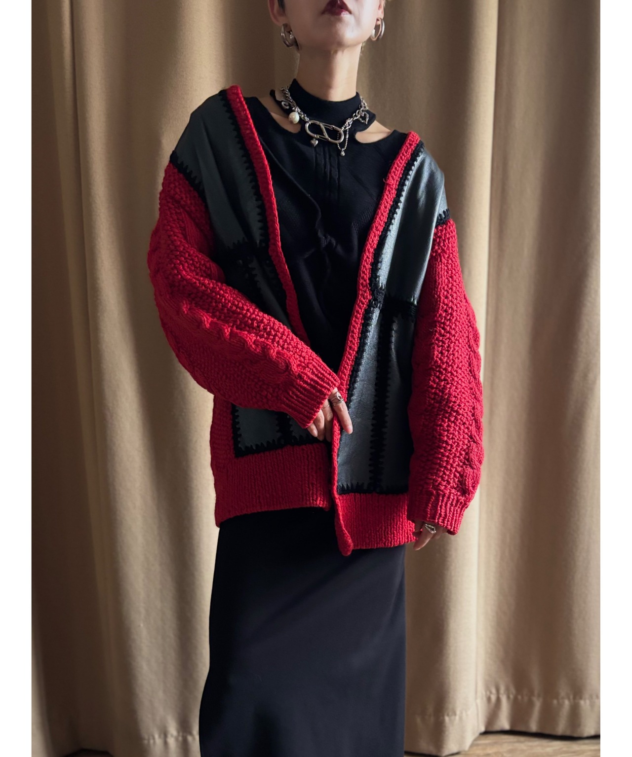 patchwork leather knit cardigan-5043-10