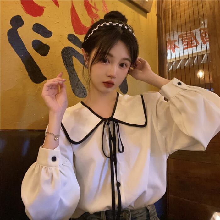 カラートップス スタイルスプリングオータムホワイトシャツ ロング 春物 秋物 萌量不足63237071321