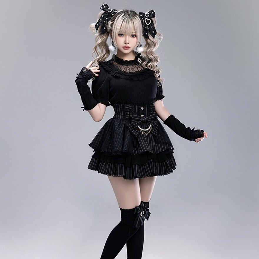 コルセット風 ティアード フリル スカート ブラック ピンク チェック ゴスロリ ロリィタファッション ロリィタ クラシカルロリィタ 甘ロリ 地雷系 量産型 レース リボン