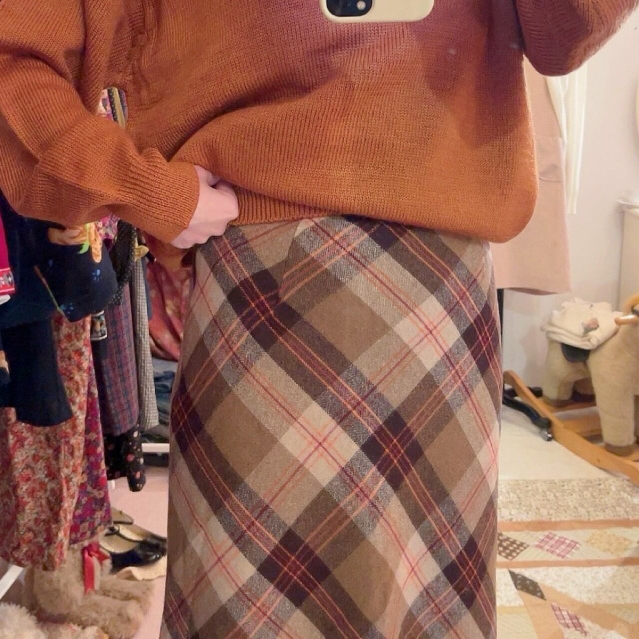 orange check wool long skirt