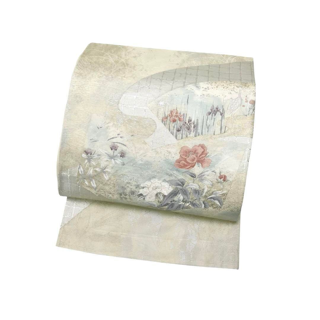 夏帯 袋帯 絽 流水に花模様 菖蒲 鳥 金銀糸 乳白色 O-3941 - 袋帯 
