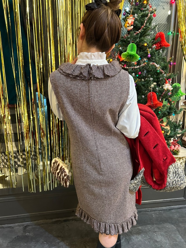 VINTAGE 60's "Bobbie Brooks" brown tweed frill dress