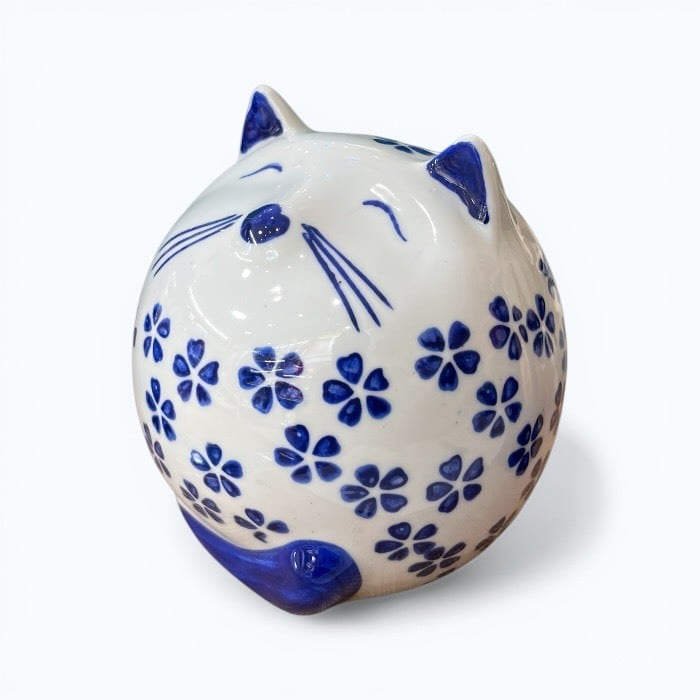 桜猫 貯金箱 青 コインバンク 小銭入れ ほのぼの 商売繁盛 幸運