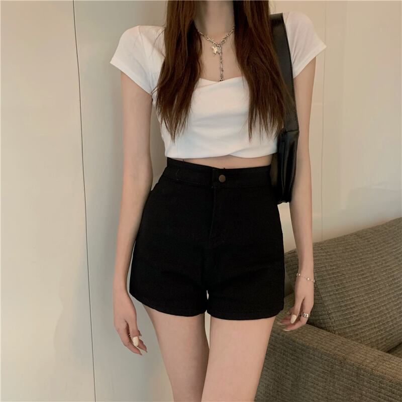 ジーンズ ウェストブラックショーツ サマーパンツ ルーズ薄手ワイドレッグ 夏物 ブルマー ワイドパンツ ブラックストロベリース26672159292