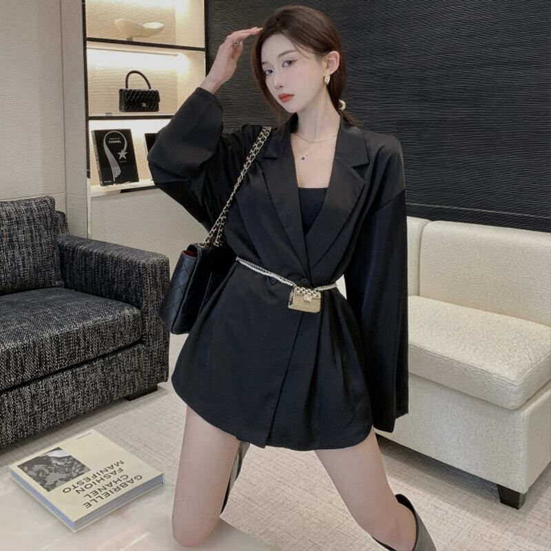 ダブルブレストルーズブラックカラージャケット レディースサマースタンダード ロング レトロ 夏物 ガールズファッション77079927966