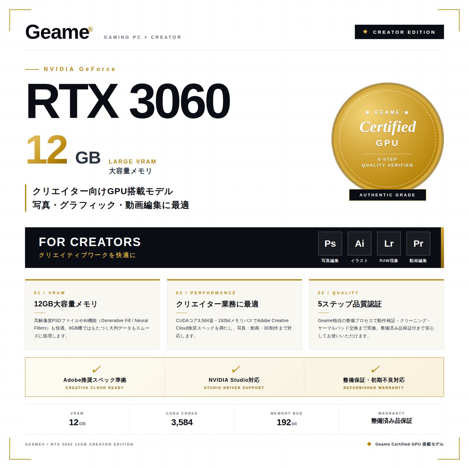 Geame クリエイターPC RTX3060モデル＋DVDマルチドライブ CPU Ryzen7