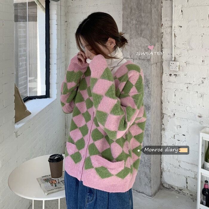 スタンダードVネックセーター ジャケット レディースルーズニットカーディガンオータムウィンタートップス レトロ 秋物 冬物 モンロー63475225961