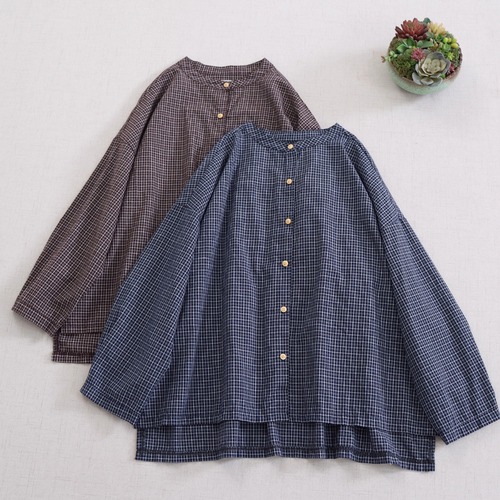 3色／チェック柄コットンブラウス ・9411
