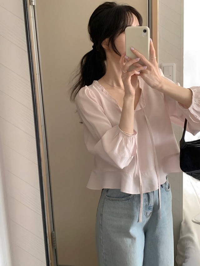 Vネックフリルリボンブラウス.1379