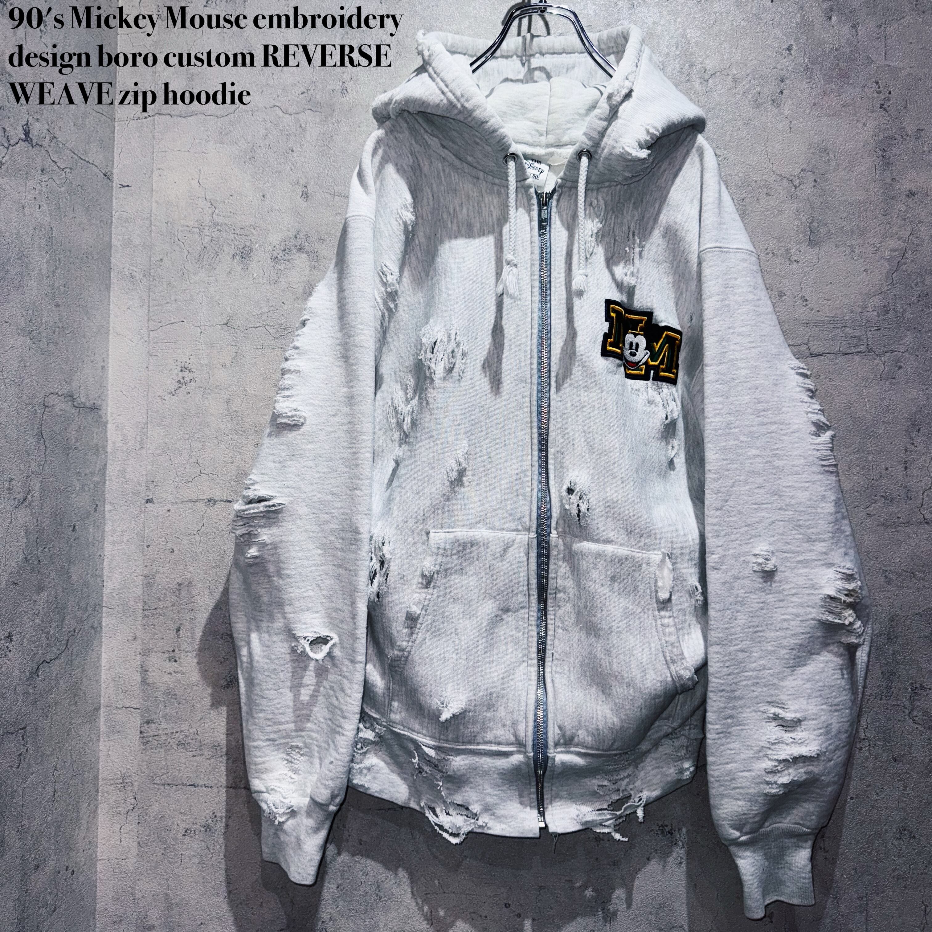 90's Mickey Mouse embroidery design boro custom REVERSE WEAVE zip hoodie