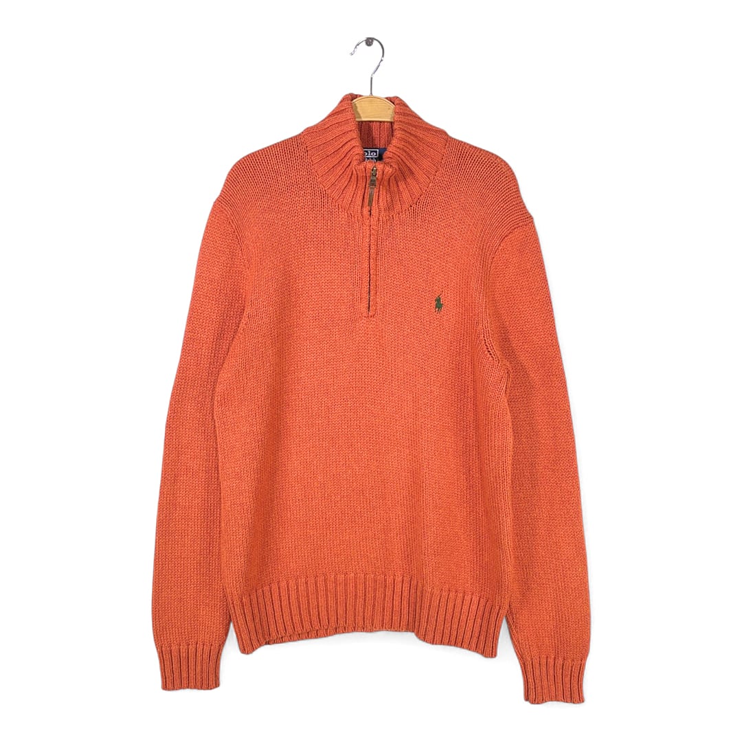 90s ラルフローレン デッドストック コットンニット ハーフジップセーター オレンジ ワンポイントロゴ ポニー刺繍 オールド RALPH LAUREN メンズM 古着 @CH1090