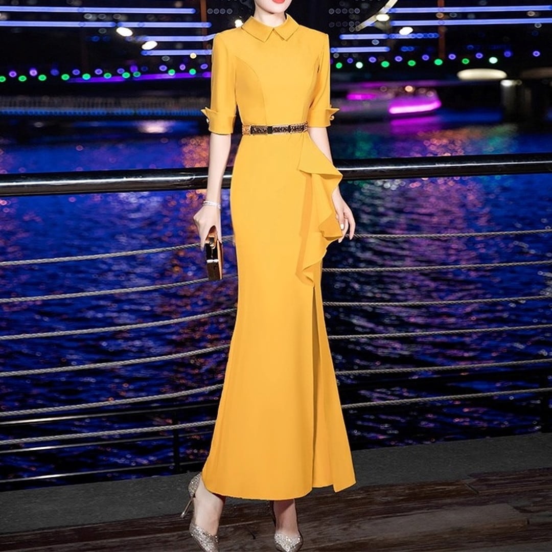 Belted Mermaid Maxi Dress V333