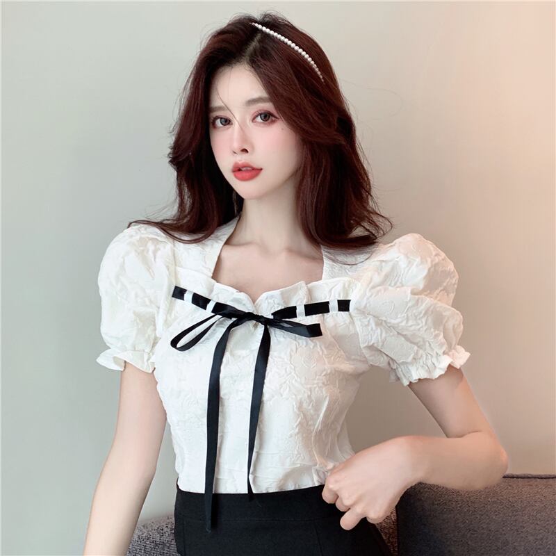 サマースタイルスリーブスリムリボンシャツ レディース 夏物 スクウェア ハンチェンe67879376987