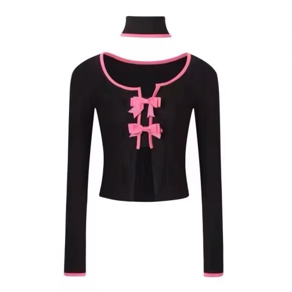 カーディガン ピンク リボン 黒 ニット トップス リボン オフ