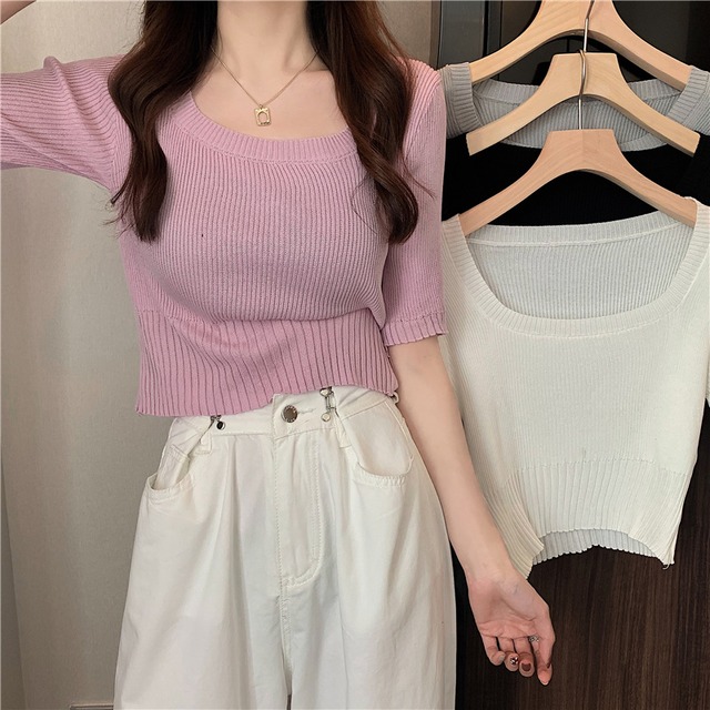 トップス レディース 春夏 秋冬 春 夏 秋 冬 黒 白 半袖 ニットソー 半袖トップス ニットtシャツ ショート丈 トップス 半袖 チュニック ショート丈ニット セーター 半袖 リブニット デートコーデ カジュアル サマーニット 大人可愛い ニット 無地トップス ブラック