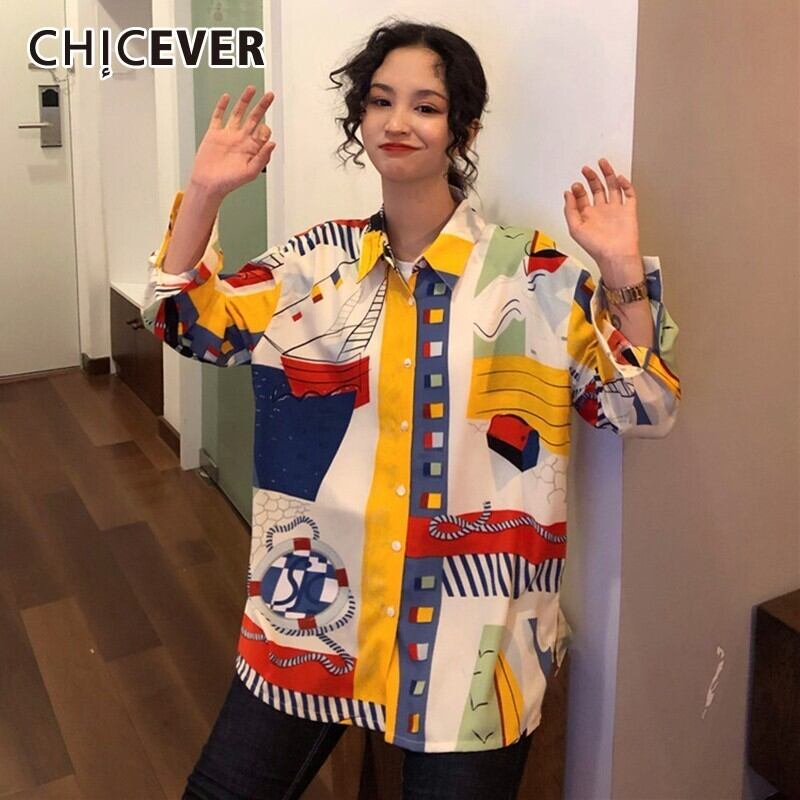 CHICEVERサマーヴィンテージプリントレディースブラウスラペル長袖ボタンルーズシャツトップ2020タイド ロング 夏物 ビンテージ 6base570485871273