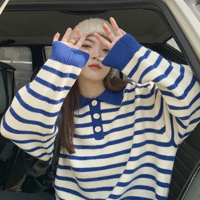 スタンダードストライプセーター スプリングオータムプルオーバー レトロ 春物 秋物 スーパーモール51709335657