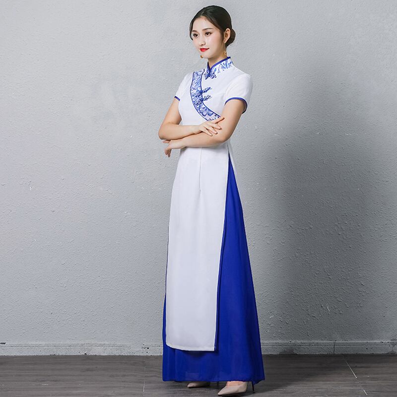 アオザイ 民族風 ロングドレス ワンピース 花嫁 ブルー ホワイト S 4l 染付シリーズ 舞台衣装 撮影 Elegant