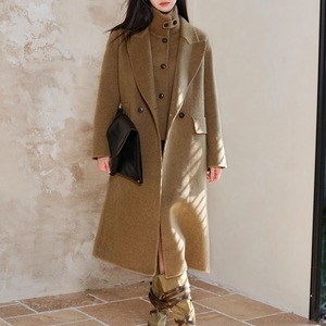 CAMEL HIGH NECK WOOL VEST & WOOL LONG COAT SET 2pieces 1color M-15441